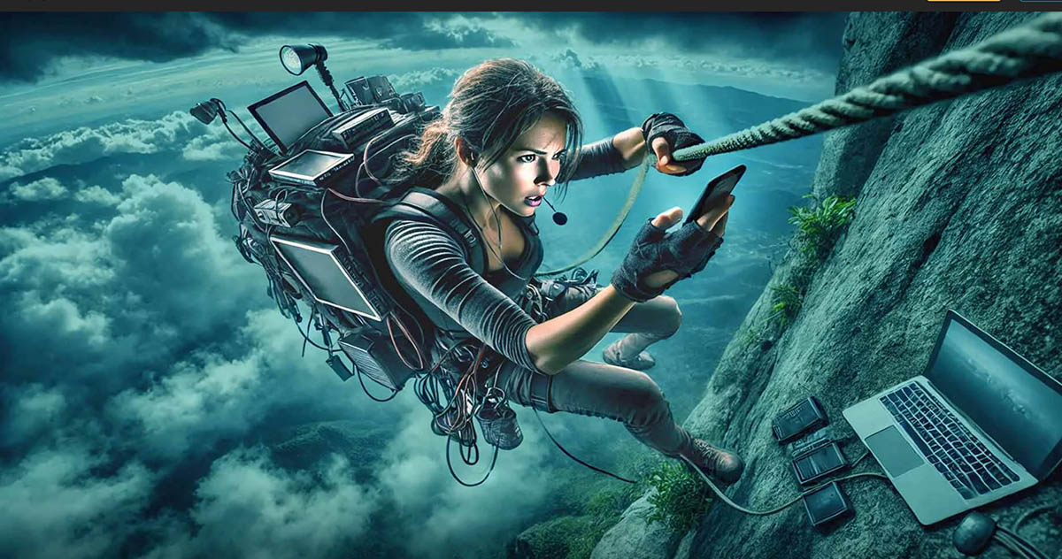 The Roster blog image for 'Clever Founder Syndrome: Why Trying to Do It All Costs More Than You Think' shows a mountain-climbing founder loaded down with tech gear, conducting business while hanging from a cliff.