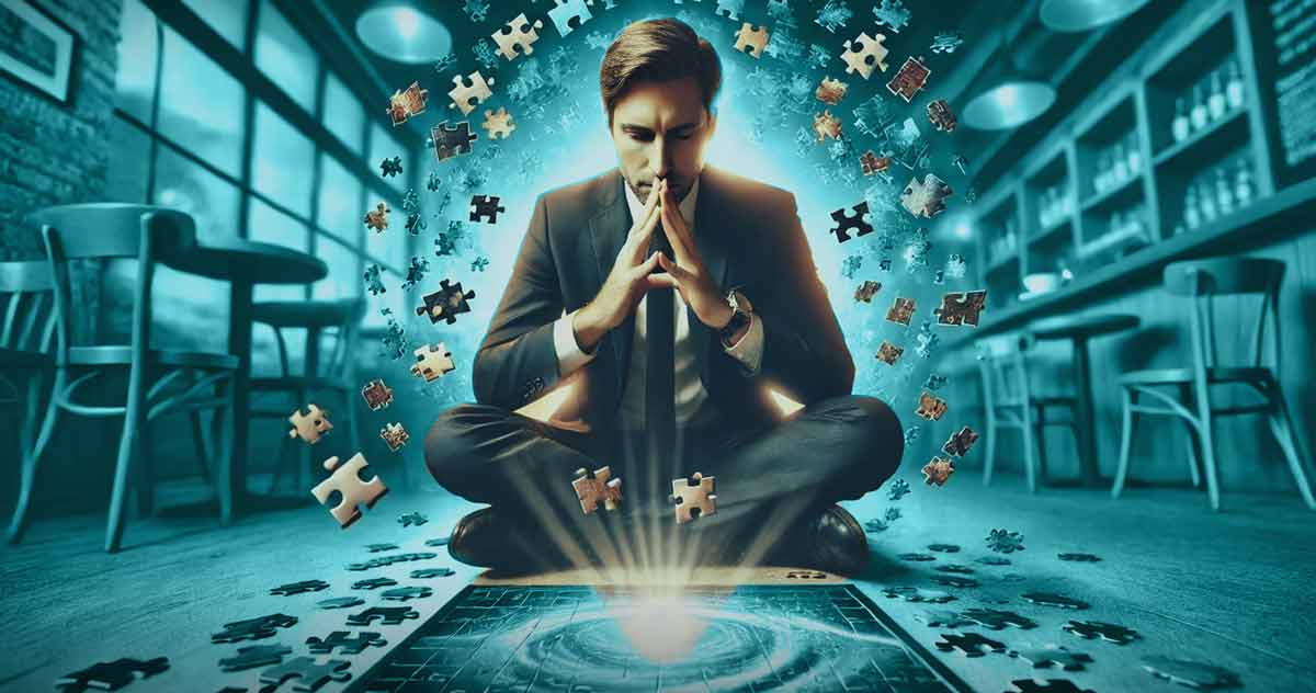 The Roster blog image for 'Project Management: The Underrated Key to Tech Success' shows a zen master Project manager considering his next move with puzzle pieces swirling around.