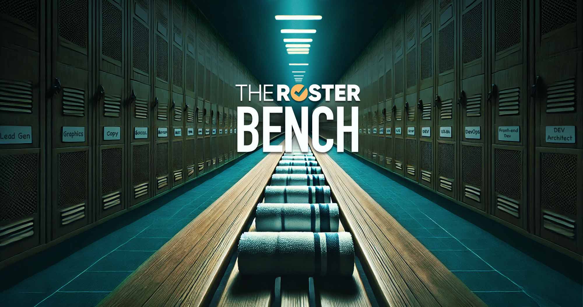 The Roster blog image for 'What’s a Roster Bench and How Does it Work?'—a locker room bench with rolled white towels extending into the distance.