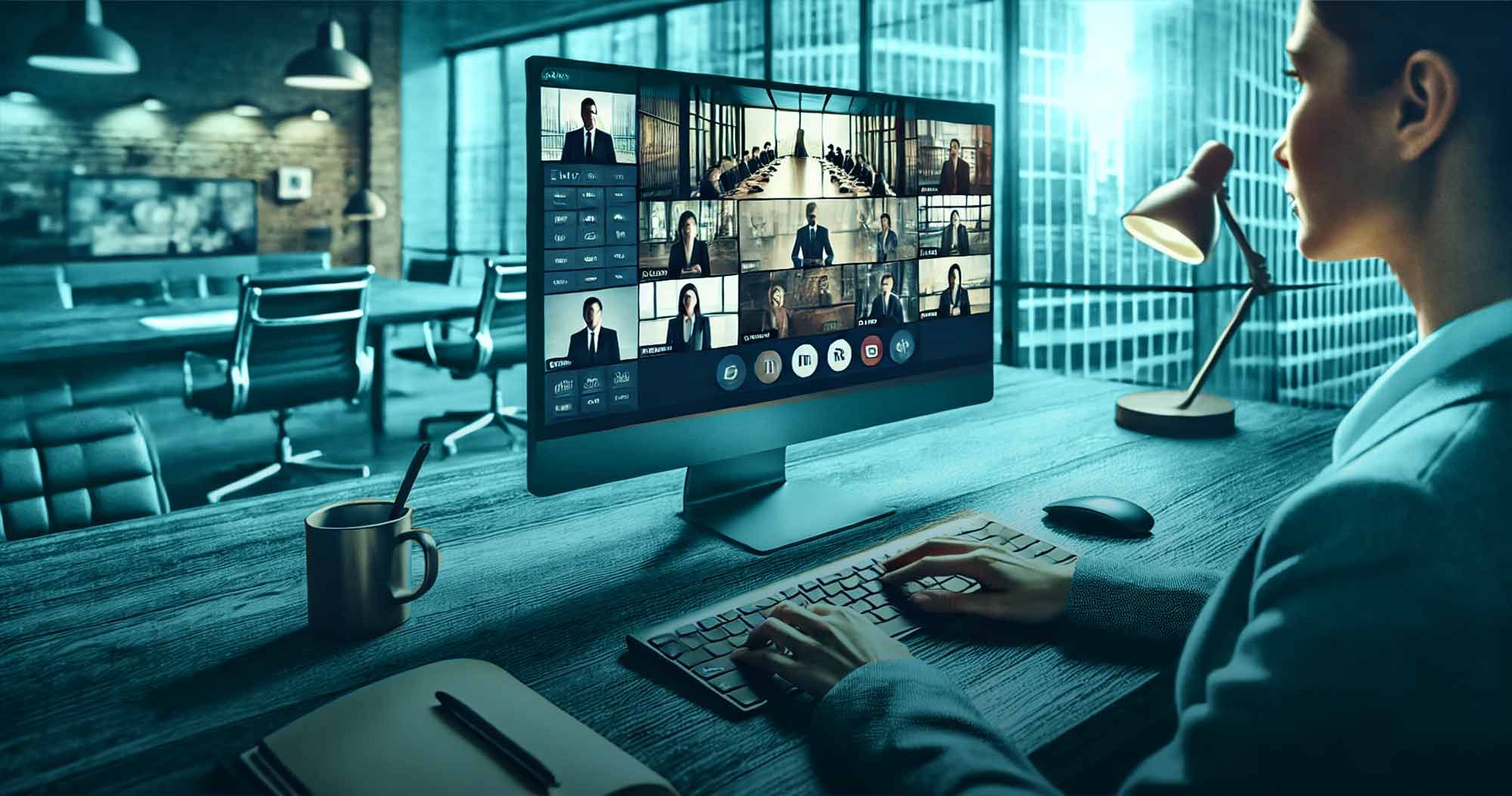 The Roster blog image for 'The Freelance Social Contract: Advice for Employers;  POV of a project manager working at their desk in an office, coffee, and notepad on desk with computer monitor.