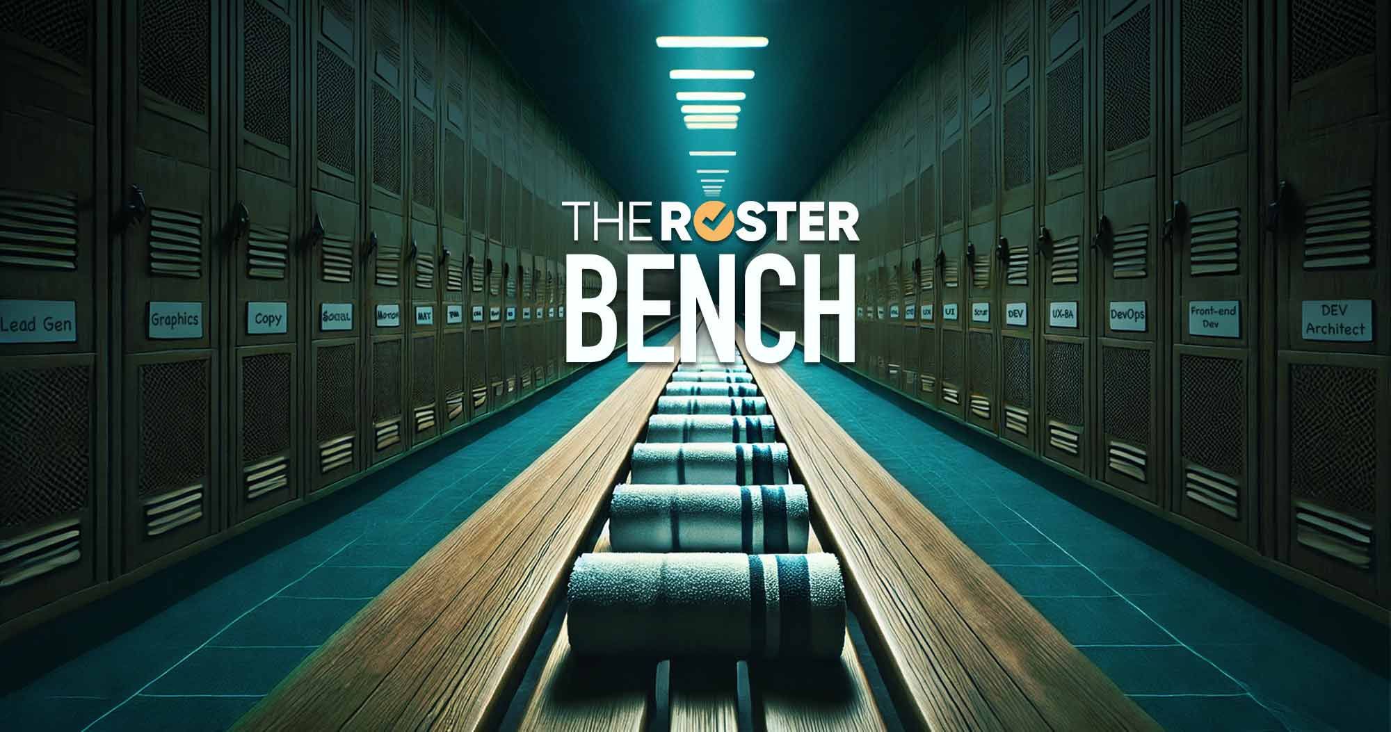 The Roster blog image for 'What’s a Roster Bench and How Does it Work?'—a locker room bench with rolled white towels extending into the distance.