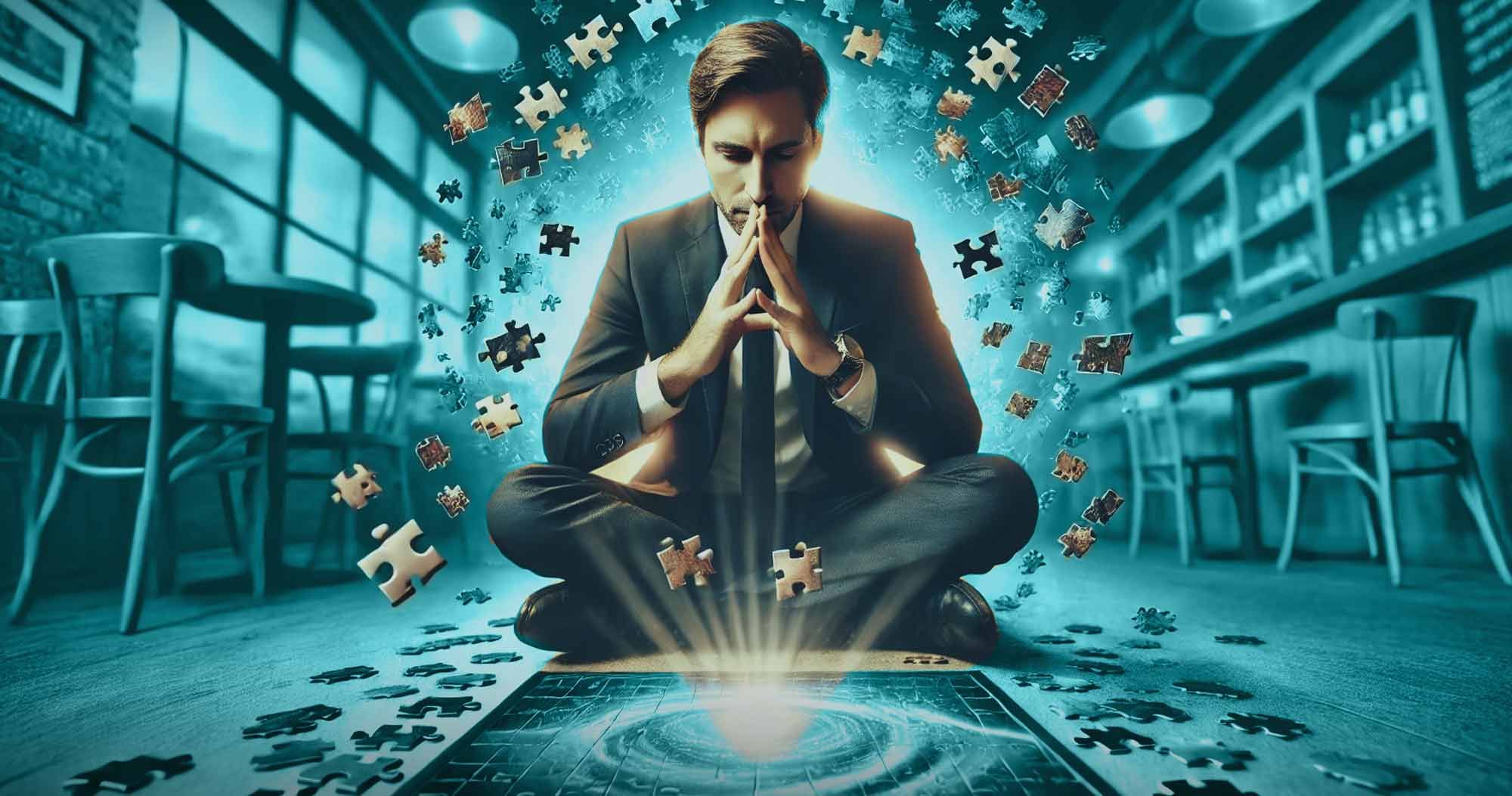 The Roster blog image for 'Project Management: The Underrated Key to Tech Success' shows a zen master Project manager considering his next move with puzzle pieces swirling around.